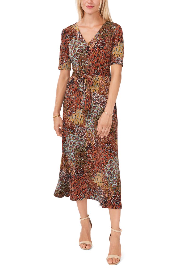 V-Neck Tie Waist Midi Dress, Main, color, SPICE 620