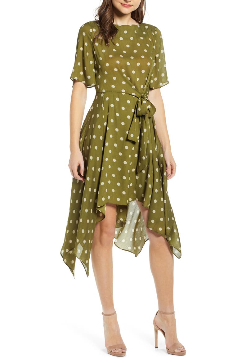 Chriselle Lim Marie Handkerchief Hem Midi Dress, Main, color, CREAM/ OLIVE