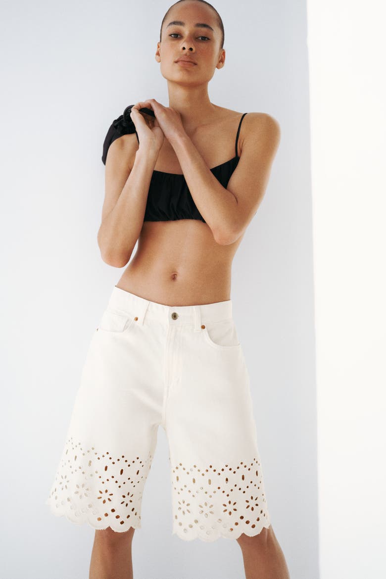 Bermuda Shorts With Eyelet Embroidery, Alternate, color, White