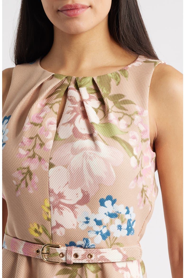 Floral Pleat Neck Sleeveless Fit & Flare Dress, Alternate, color, BLUSH TOAST
