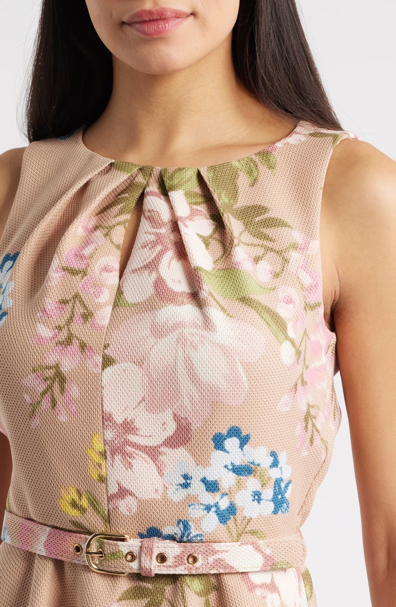 Tahari ASL Floral Pleat Neck Sleeveless Fit & Flare Dress, Alternate, color, Blush Toast