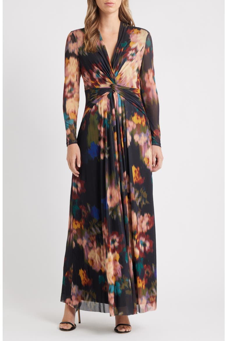 Blurred Floral Twist Front Long Sleeve Mesh Maxi Dress, Main, color, BLURRED FLOATING FLORA