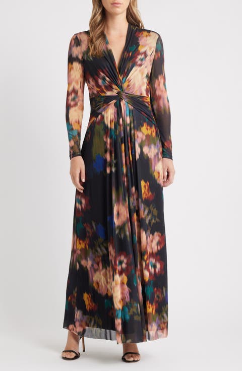 Blurred Floral Twist Front Long Sleeve Mesh Maxi Dress (Petite)
