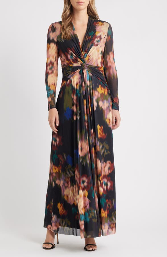 Blurred Floral Twist Front Long Sleeve Mesh Maxi Dress