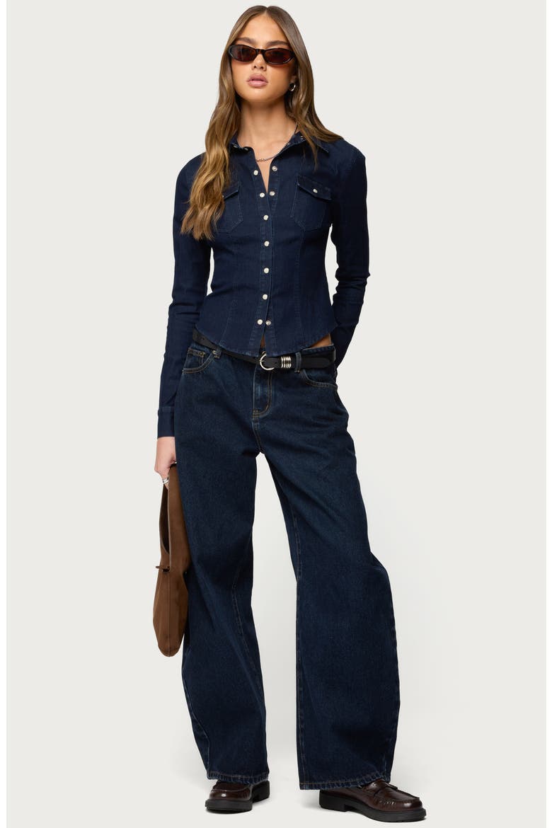 Shylo Fitted Denim Snap-Up Shirt, Alternate, color, DARK-BLUE-WASHED