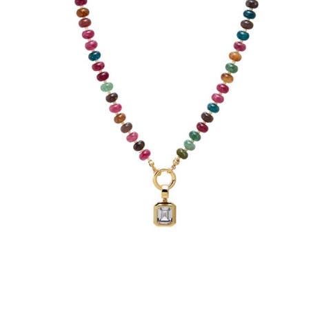 Colored Natural Stone Beaded /CZ Emerald Bezel Charm Necklace