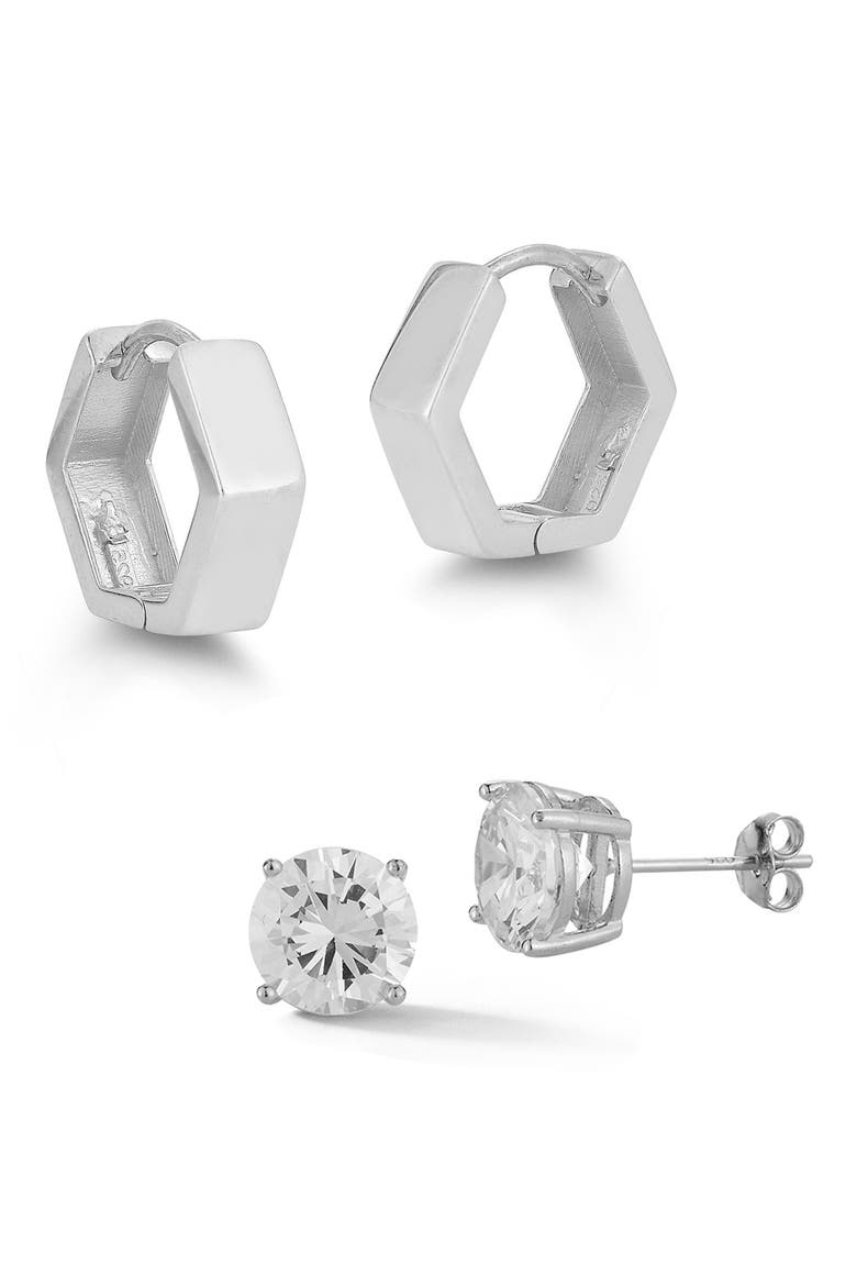 Set of 2 Cubic Zirconia Stud & Huggie Hoop Earrings, Main, color, SILVER