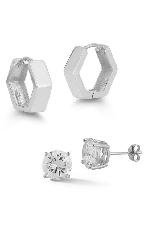 Set of 2 Cubic Zirconia Stud & Huggie Hoop Earrings