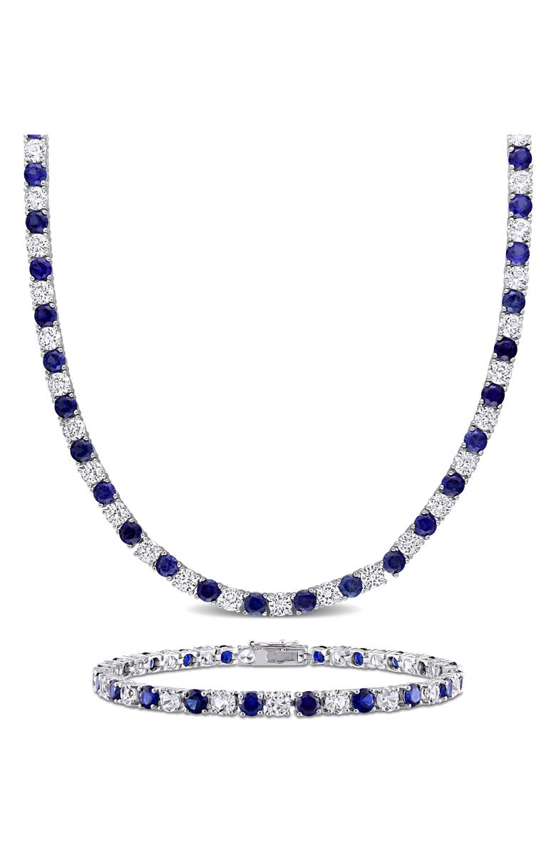 DELMAR Lab Created Sapphire & White Topaz Tennis Necklace & Bracelet Set, Main, color, 