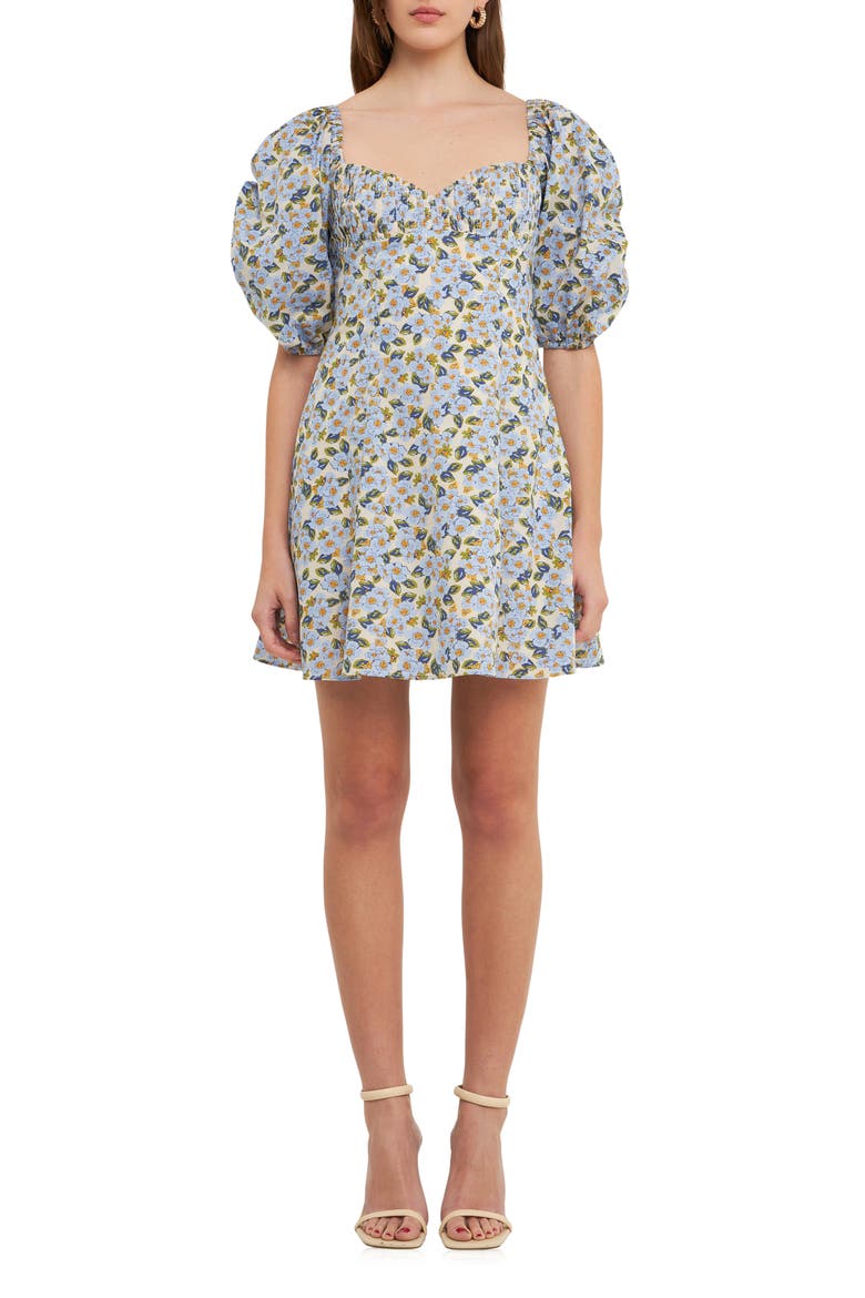 Floral Print Pintuck Puff Sleeve Minidress, Main, color, BLUE MULTI