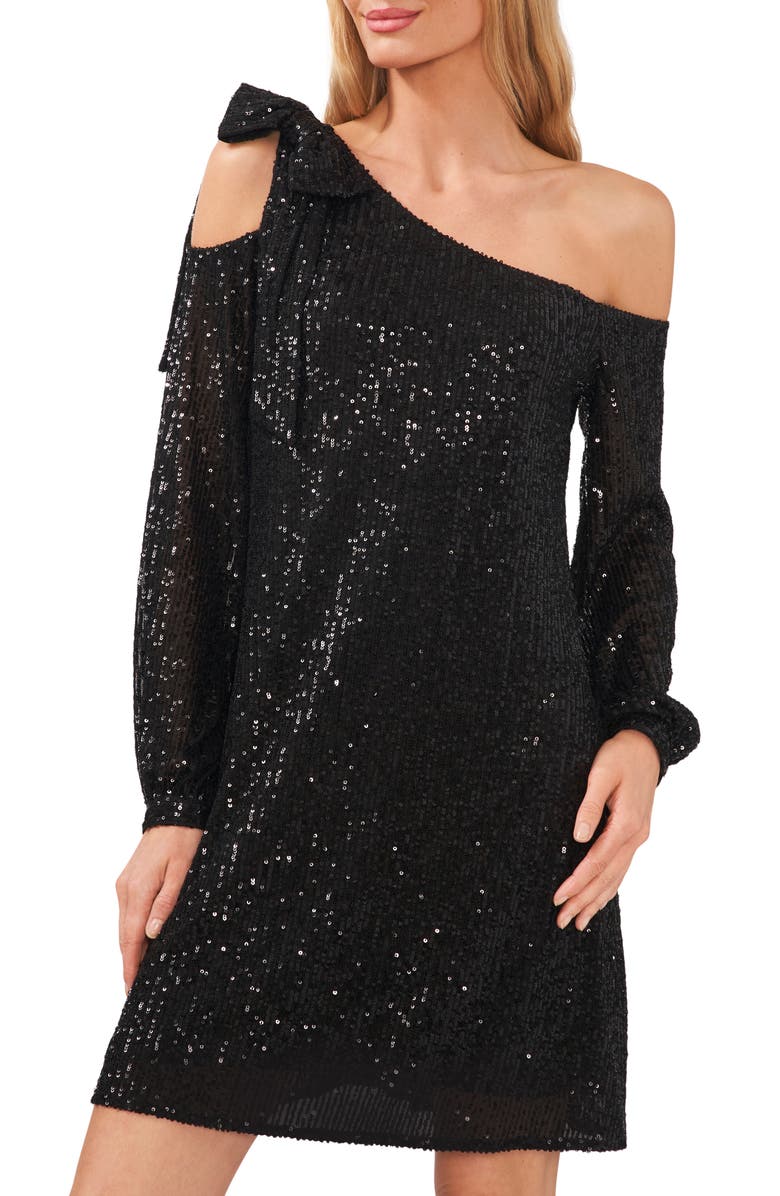 CeCe Sequin Long Sleeve One-Shoulder Dress, Alternate, color, 