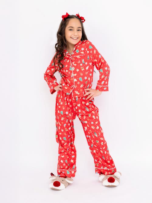 Preppy Goose Christmas Cookie Satin Long Sleeve Pajama Pant Set In Red