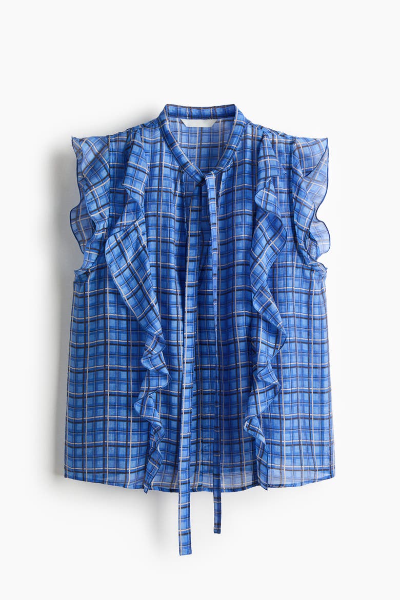 Flounced Scarf-collar Blouse, Alternate, color, Blue/plaid