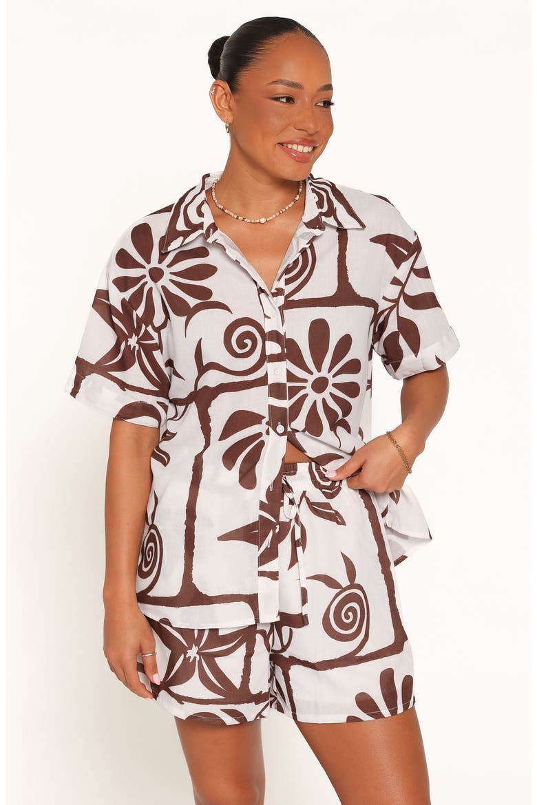 Helga Linen Blend Button-Up Shirt & Shorts Set, Alternate, color, BROWN WHITE