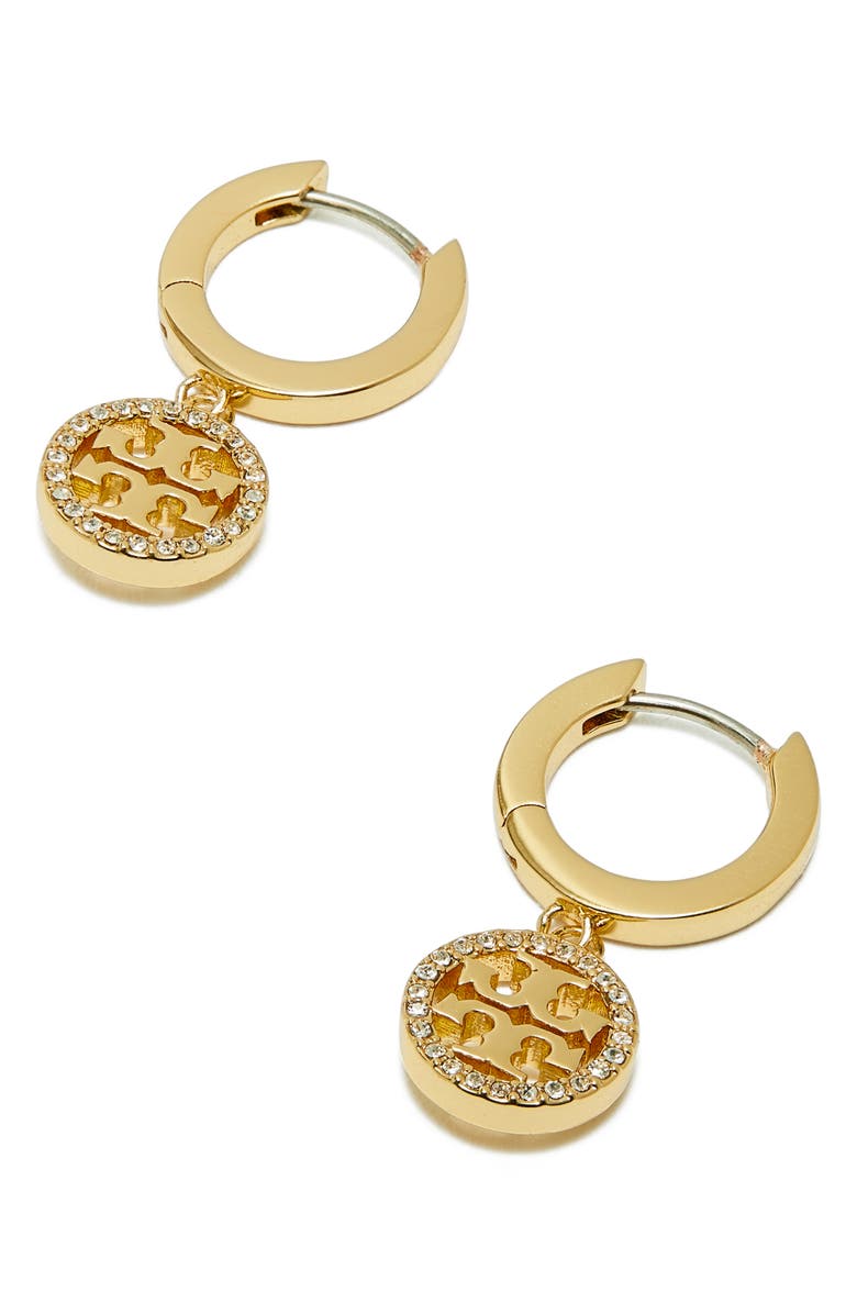 Tory Burch Icon Pavé Clip-On Hoop Earrings, Alternate, color, Tory Gold / Crystal