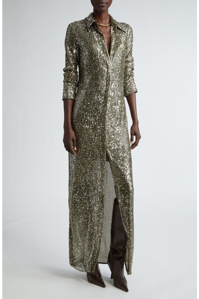 Sequin Embroidered Long Sleeve Shirtdress, Main, color, OLIVE