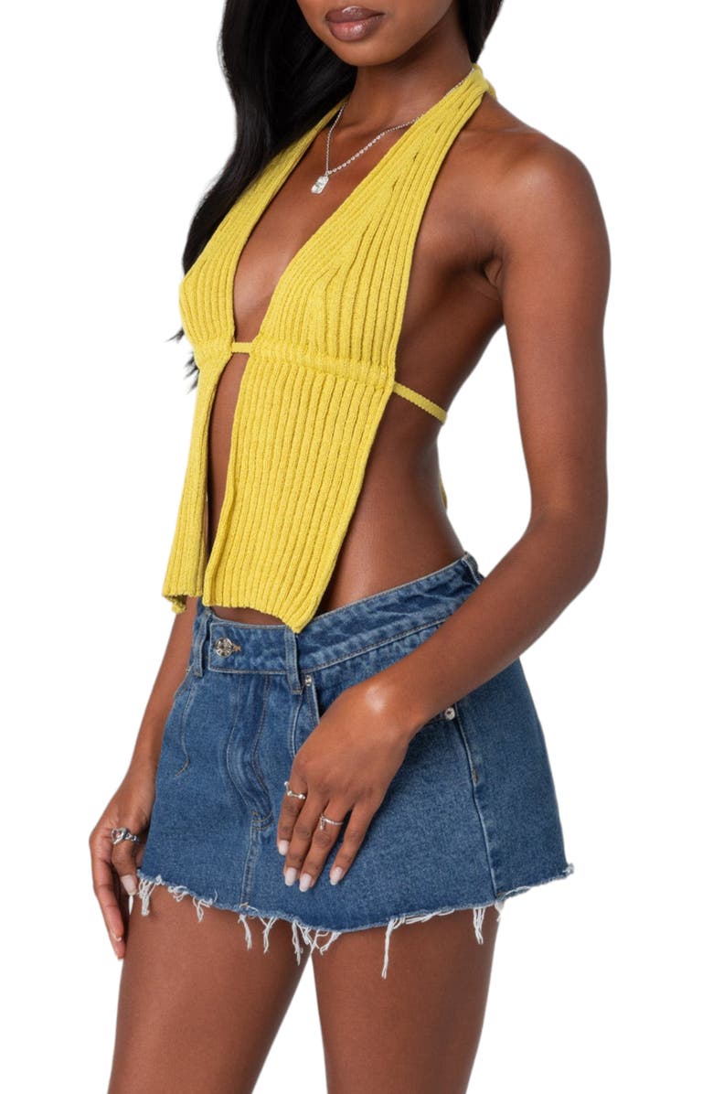 EDIKTED Caraway Split Front Open Back Rib Halter Top, Alternate, color, Green