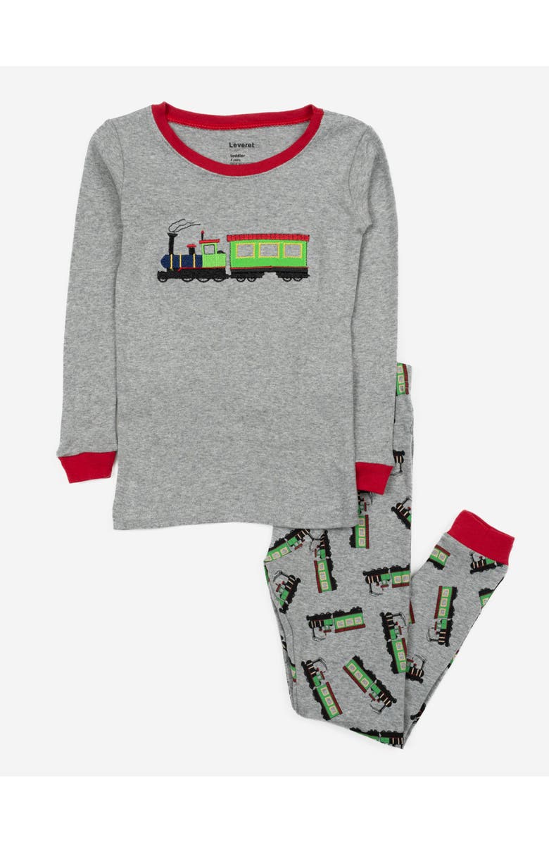 Leveret Two-Piece Printed Cotton Pajamas, Vehicles & Machines, Main, color, Train