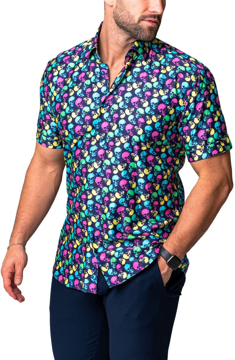 Maceoo Galileo Skull Regular Fit Short Sleeve Button-Up Shirt, Alternate, color, Multi