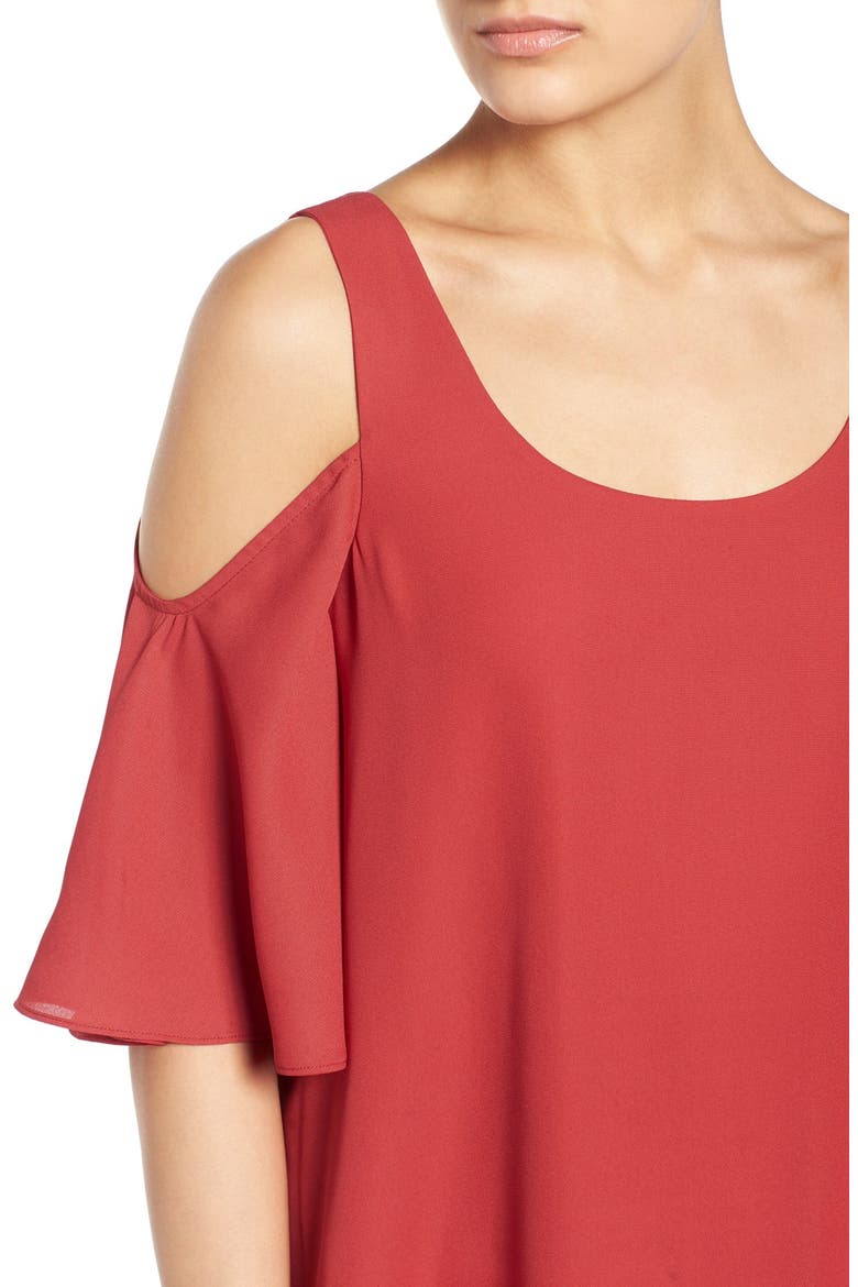 Chiffon Cold Shoulder Top, Alternate, color, RED CRANBERRY
