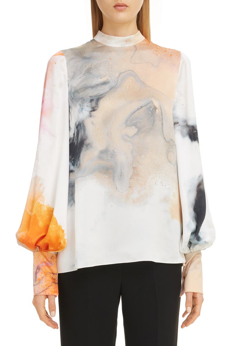Print Bishop Sleeve Silk Blouse, Main, color, ORANGE EXPLOSION PRINT