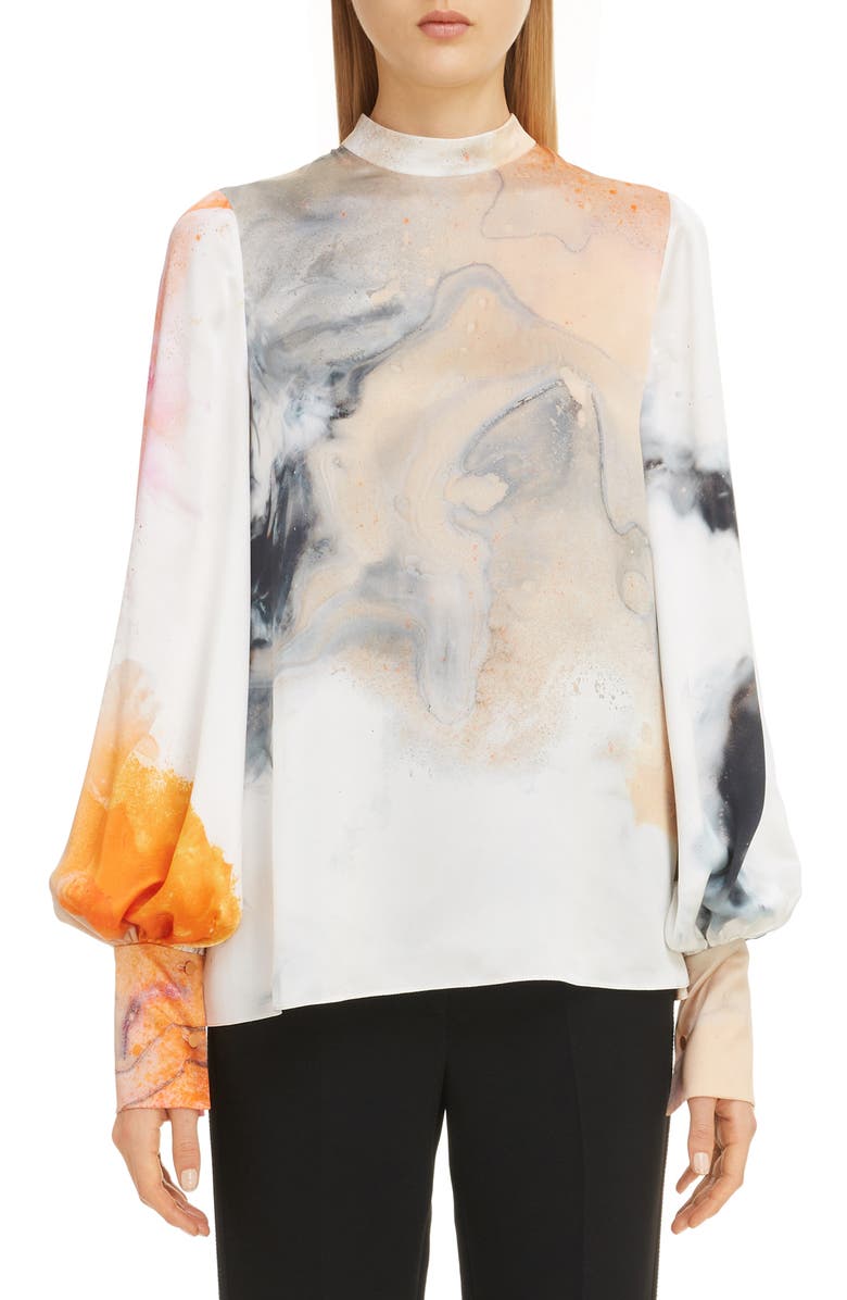 Roksanda Print Bishop Sleeve Silk Blouse, Main, color, 