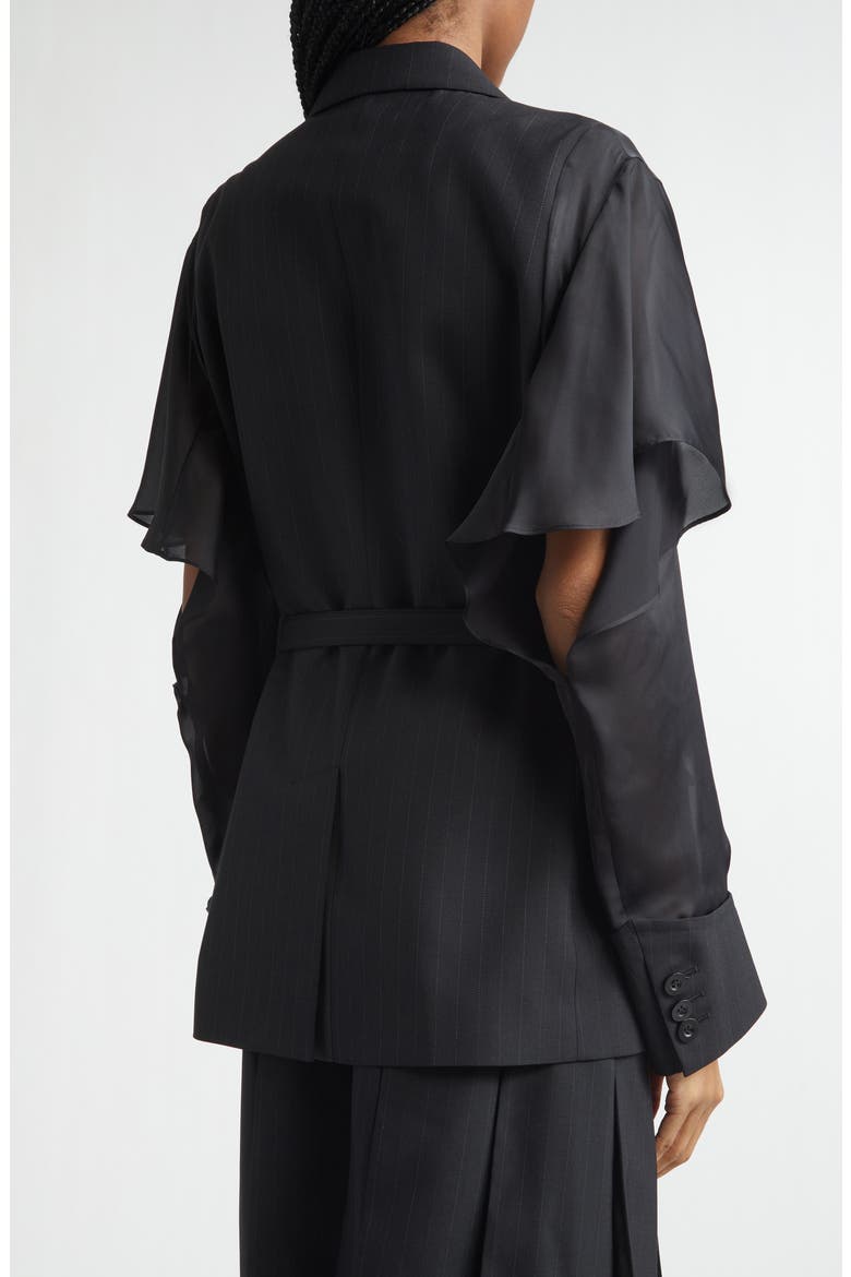 Chalk Stripe Mixed Media Belted Blazer, Alternate, color, BLACK