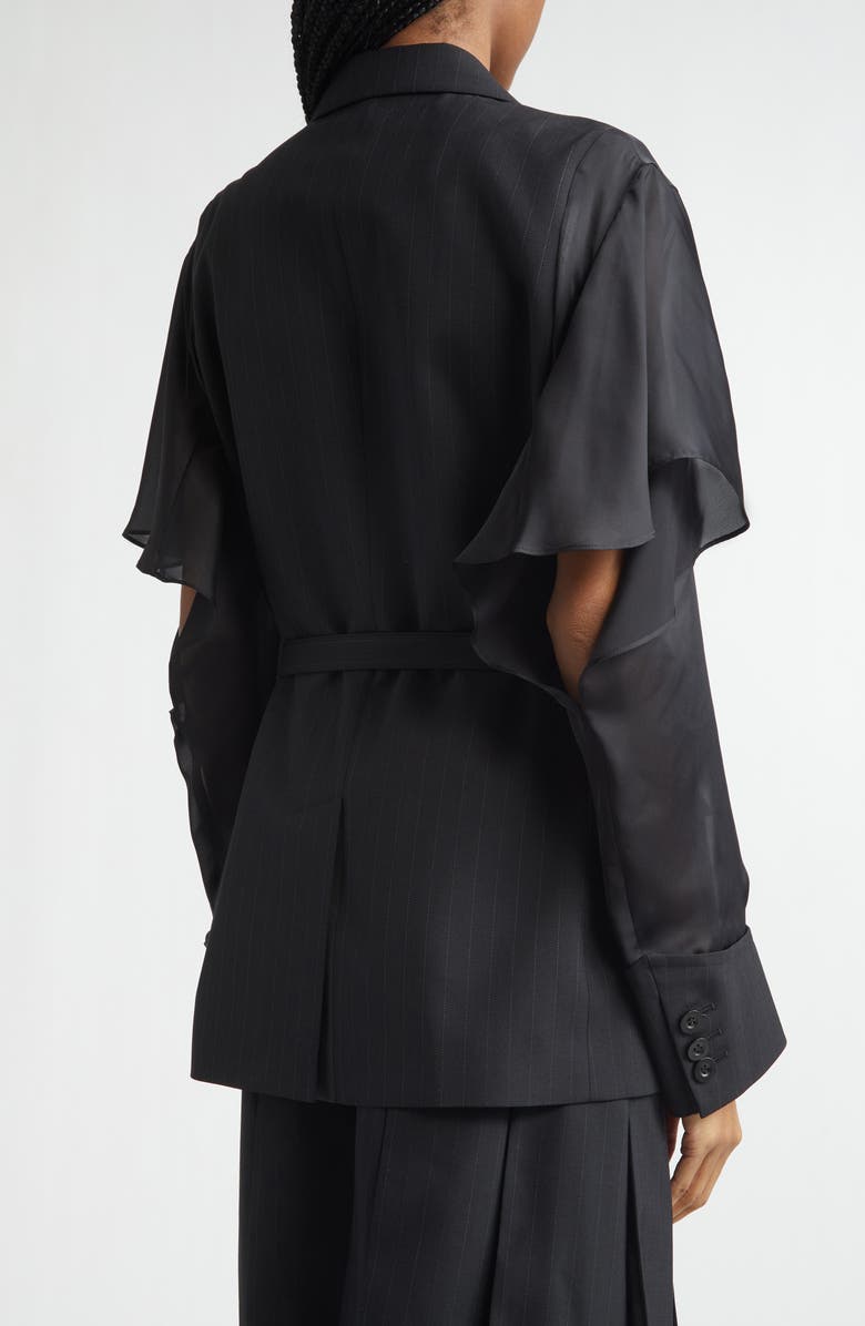 Sacai Chalk Stripe Mixed Media Belted Blazer, Alternate, color, Black