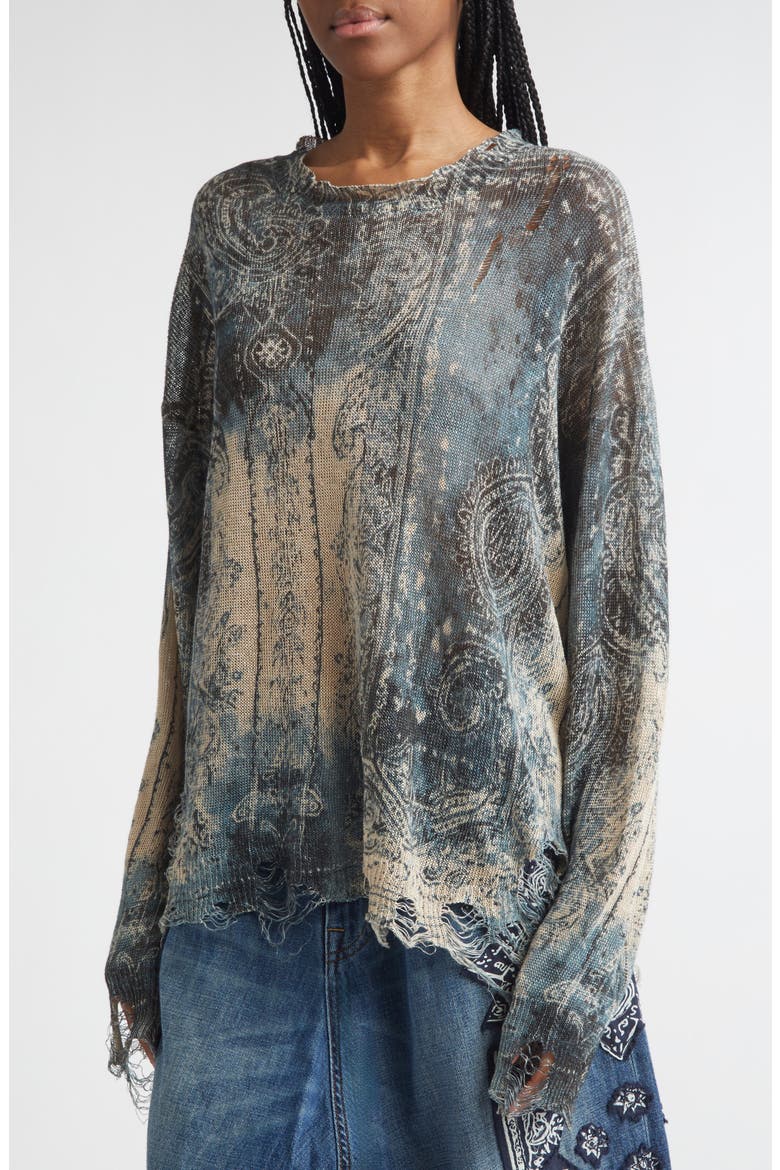 Paisley Ripped Linen Sweater, Alternate, color, BLUE FADED BANDANA