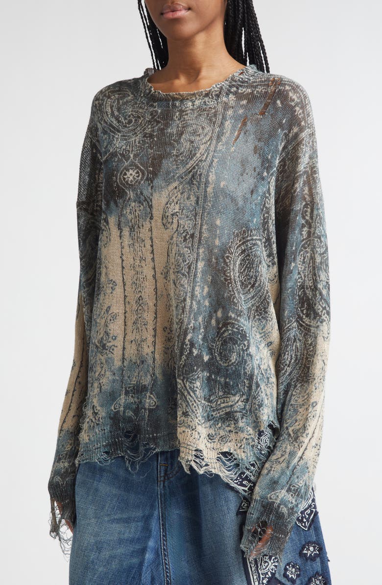 R13 Paisley Ripped Linen Sweater, Alternate, color, Blue Faded Bandana