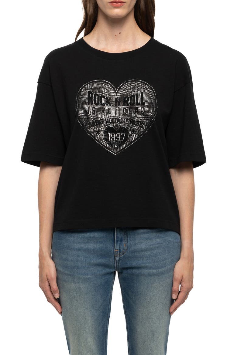 Taida Crystal Embellished Graphic Heart T-Shirt, Main, color, BLACK