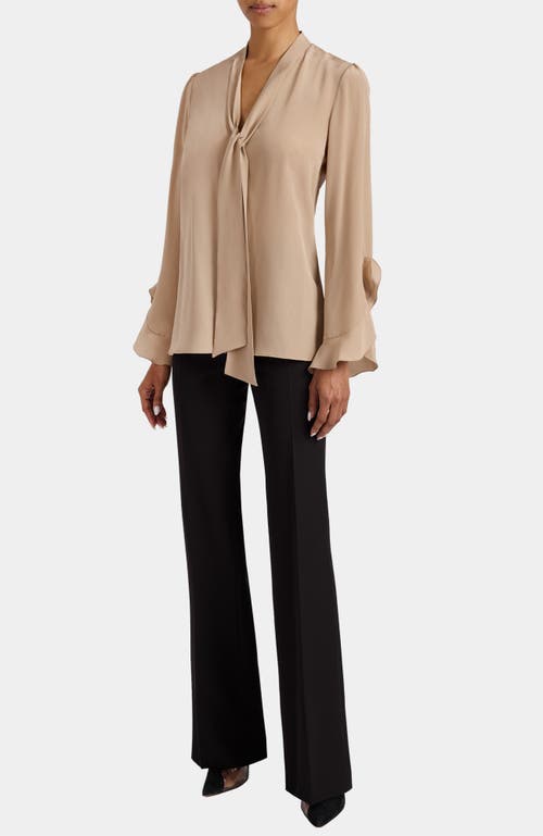 Santorelli Sienna Long Sleeve Silk Blouse With Neck Tie In Neutral