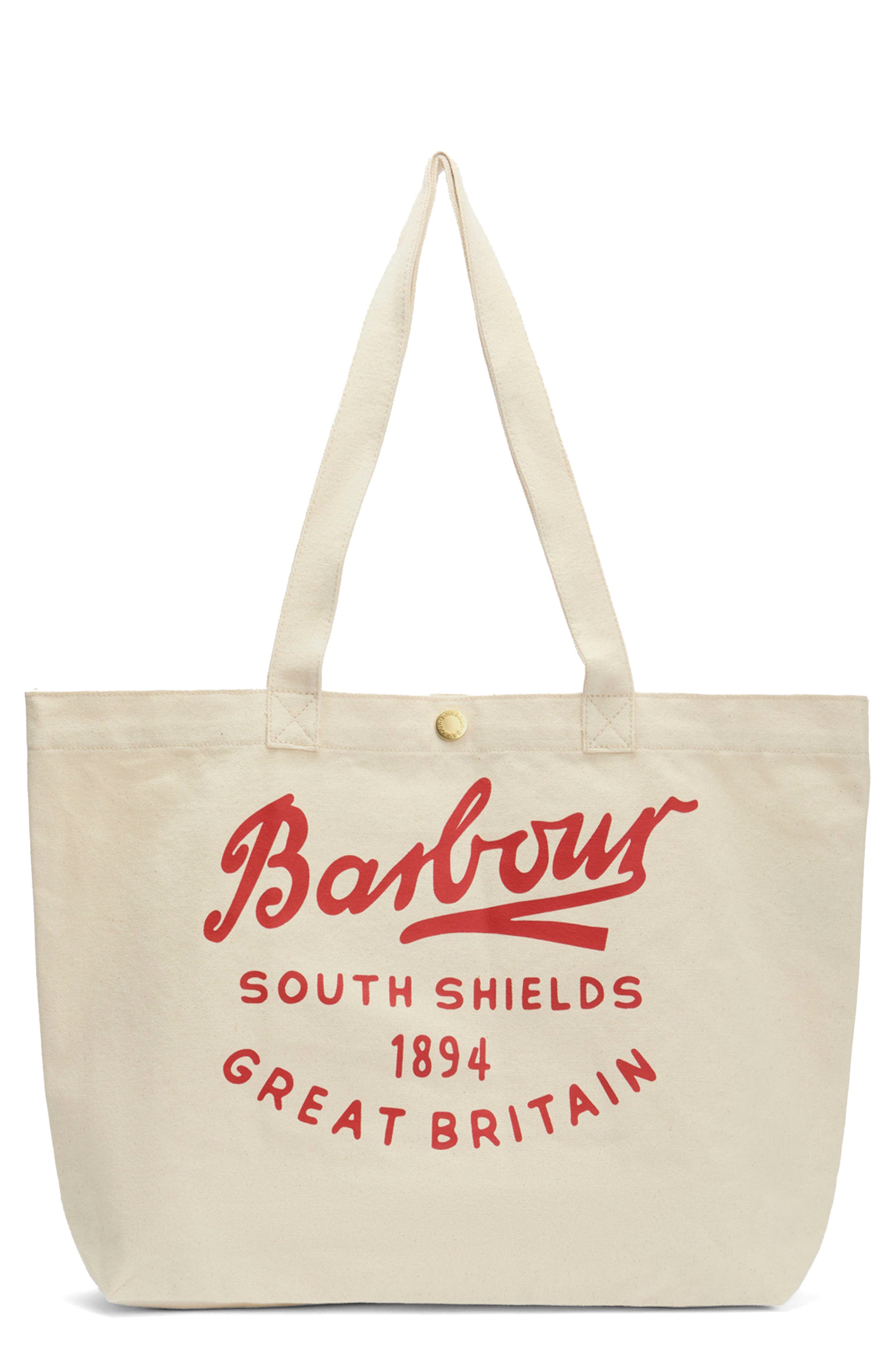 Barbour Script Cotton Canvas Tote, Main, color, Red Logo