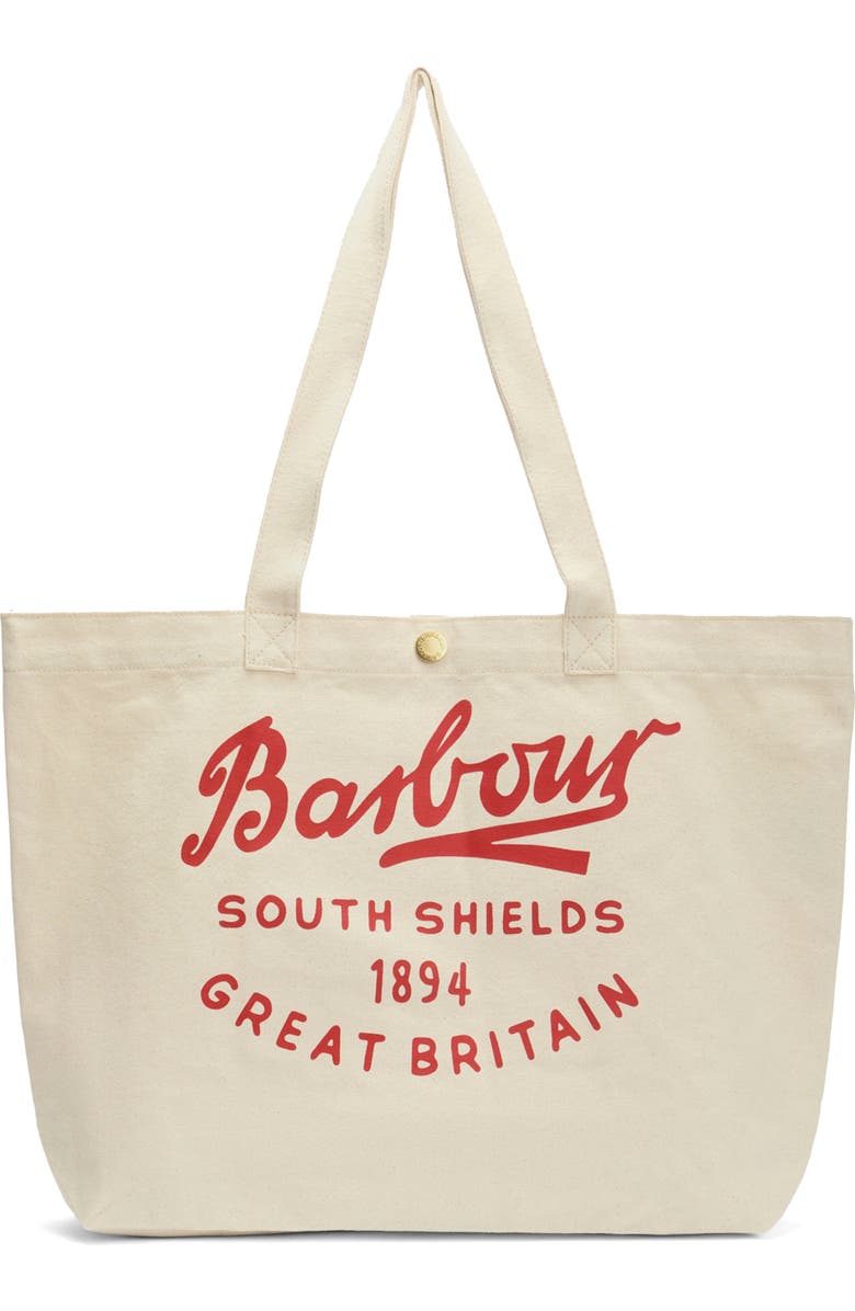 Barbour Script Cotton Canvas Tote, Main, color, Red Logo