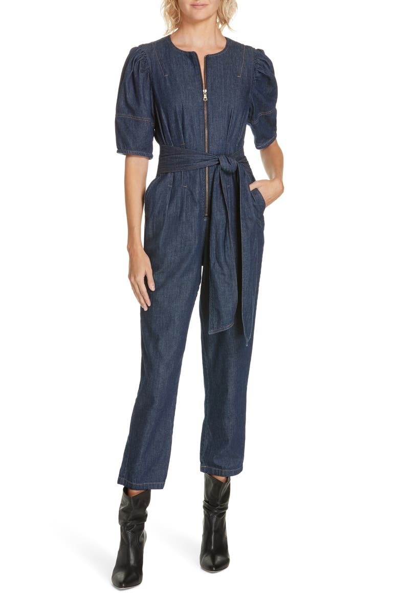 Puff Sleeve Denim Jumpsuit, Main, color, RINSE WASH