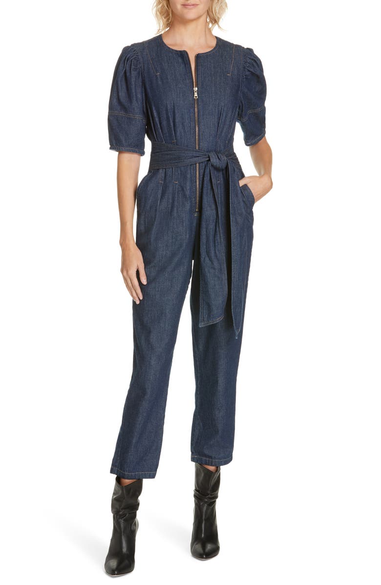 La Vie Rebecca Taylor Puff Sleeve Denim Jumpsuit, Main, color, 