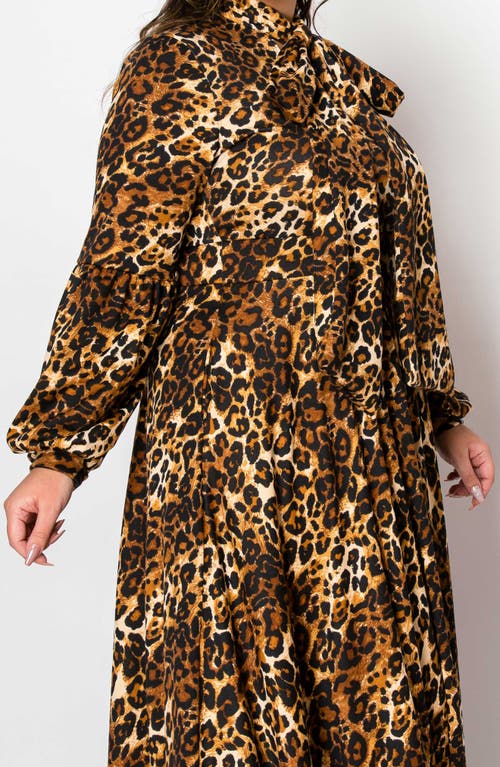 L I V D Luciana Leopard Print Tie Neck Long Sleeve Maxi Dress In Taupe