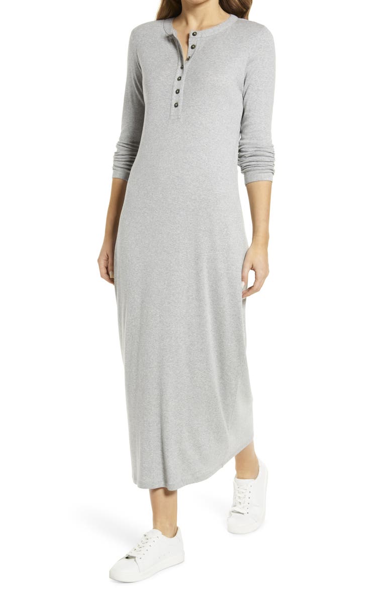 Split Neck Long Sleeve Cotton Blend Dress, Main, color, GREY HEATHER