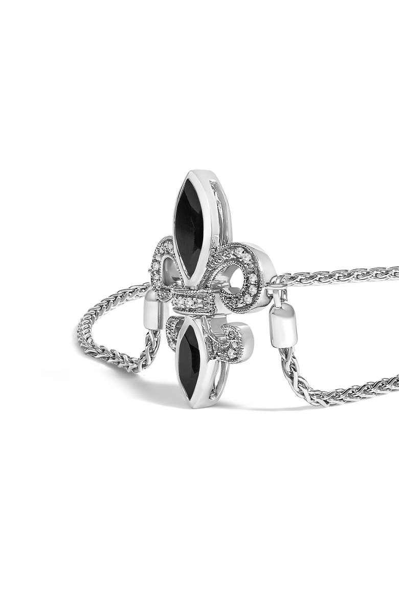Silver Marquise Black Onyx and Diamond Accent Lariat Fleur De Lis Bolo Bracelet, Alternate, color, White