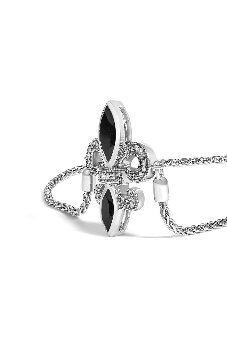 Haus of Brilliance Silver Marquise Black Onyx and Diamond Accent Lariat Fleur De Lis Bolo Bracelet, Alternate, color, White