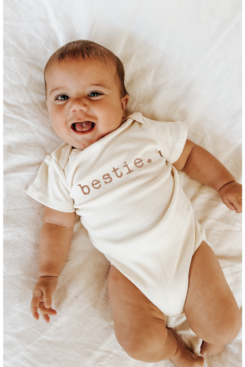 Bestie Organic Baby Bodysuit, Alternate, color, Natural Clay Lettering