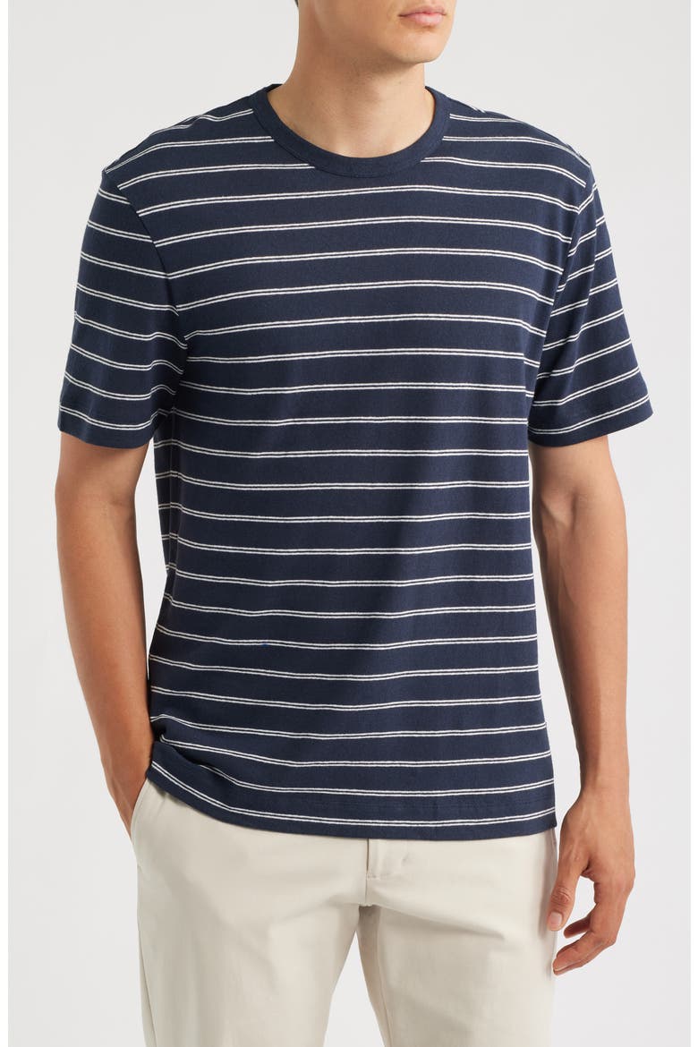 Taut Stripe Linen & Cotton T-Shirt, Main, color, DARK BLUE