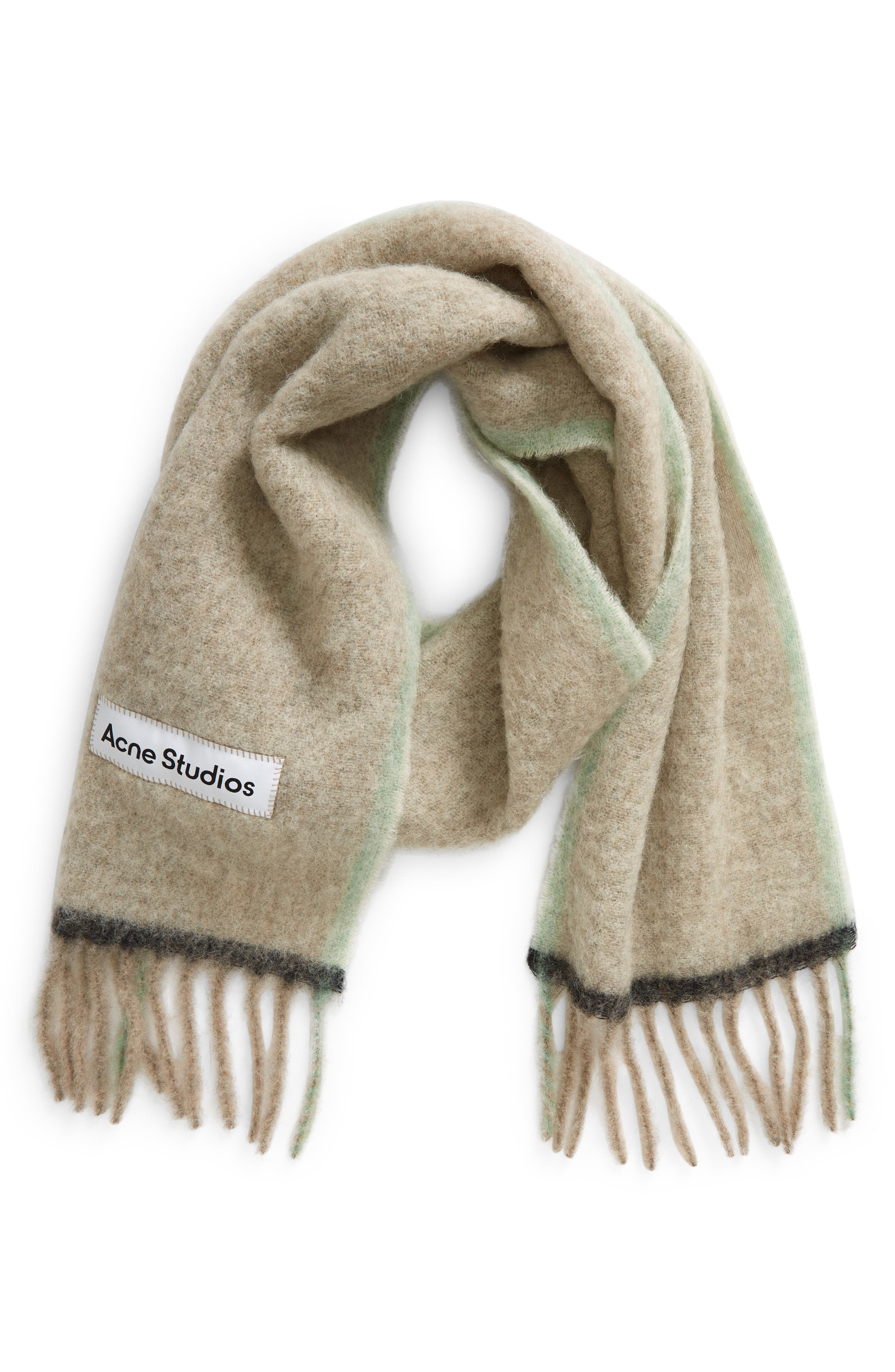 Acne Studios Alpaca, Wool & Mohair Blend Fringe Scarf in Beige/Grey 