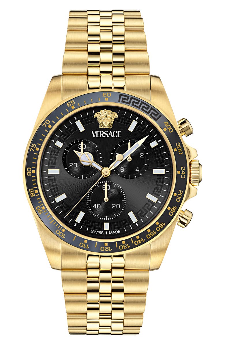 Versace Greca Chronograph Wave Bracelet Watch, 43mm, Main, color, Yellow Gold