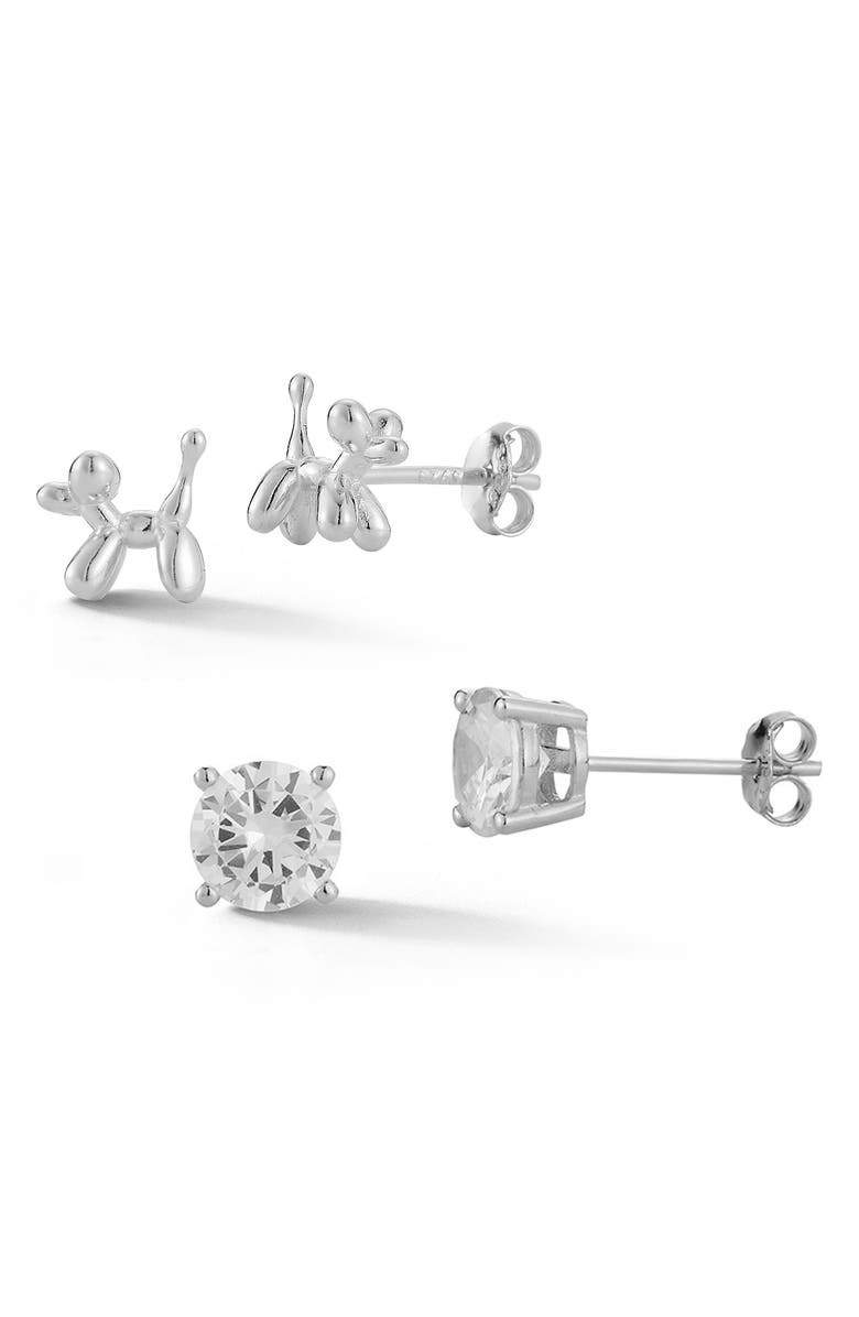 SPHERA MILANO Set of 2 Dog & Cubic Zirconia Stud Earrings, Main, color, Silver