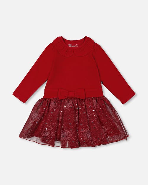 Deux Par Deux Bi-material Dress With Glittering Skirt In Red