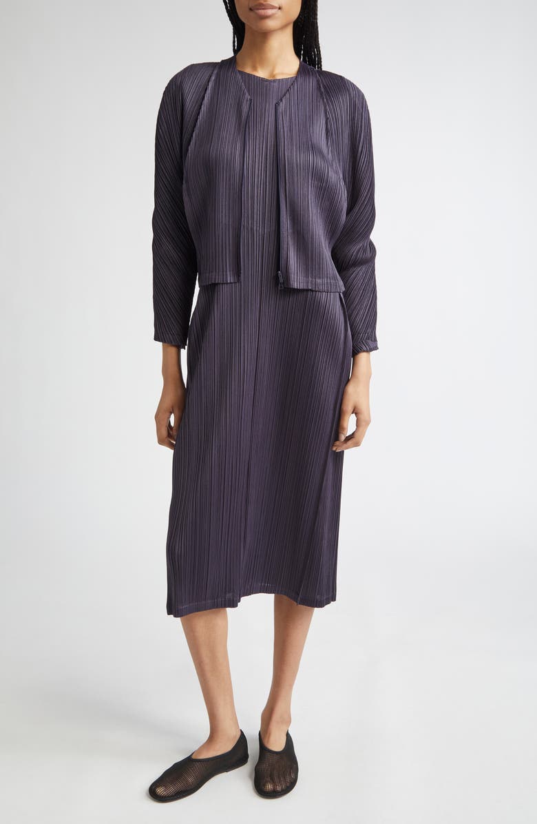 Pleats Please Issey Miyake Lantern Pleated Long Sleeve Midi Dress, Alternate, color, Blue Black