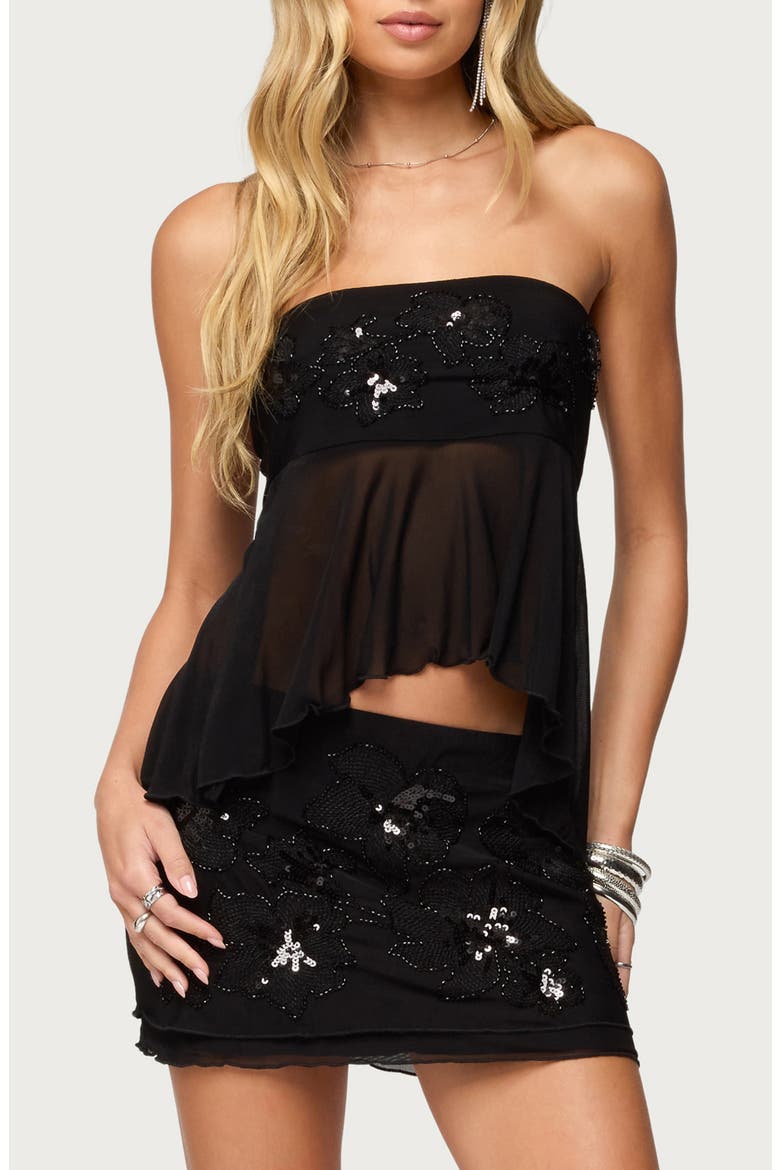 Steffie Sequin Detail Strapless Mesh Top, Main, color, BLACK