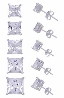 FZN Set of 5 Sterling Silver Princess Cut Solitaire Stud Earrings