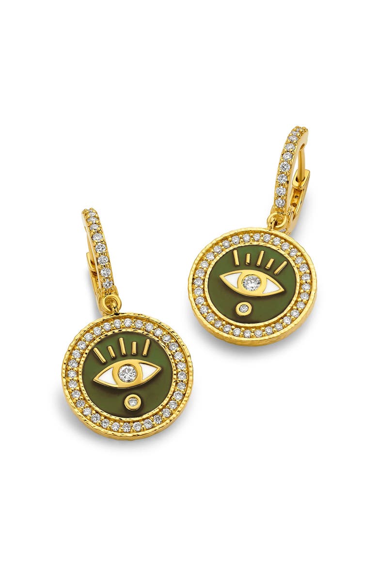 Enameled Evil Eye Huggie Earrings with Diamonds, Main, color, Army Green